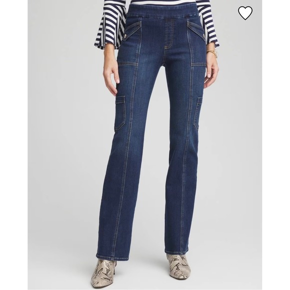 Chico's Pull On Bootcut Denim Jeans Indigo Wash Utility Pockets Petite 3P - Picture 1 of 7